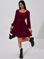 Vestido de estilo simple y elegante para mujeres cintura alta, adelgazamiento, falda roja de vino - details 5