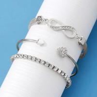 Conjunto Vintage de pulseras de corazón con diamantes de imitación de cristal de Color plateado para mujer, brazalete infinito ajustable geométrico a la moda, joyería - details 1