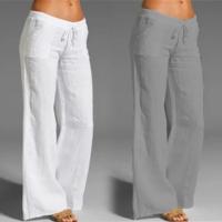 Pantalones de pierna ancha de lino y algodón para mujer, pantalón largo recto con cintura elástica y cordón, holgado e informal, con bolsillos lisos - details 10