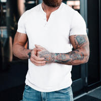 Camiseta de manga corta Henley para hombre, ropa informal de algodón, color blanco, azul vaquero, M-6XL, paquete de 2 - details 6