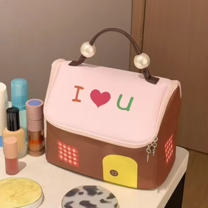 Estuche cuadrado para cosméticos para casa pequeña, bolsa de maquillaje de mano de gran capacidad con forma de casa, bolsa de almacenamiento portátil con cremallera de dibujos animados para mujer - 1