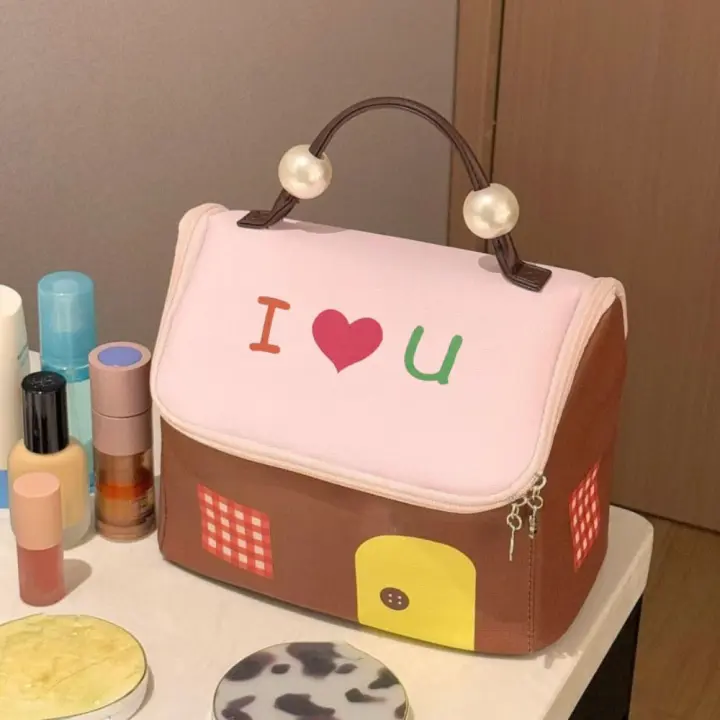 Estuche cuadrado para cosméticos para casa pequeña, bolsa de maquillaje de mano de gran capacidad con forma de casa, bolsa de almacenamiento portátil con cremallera de dibujos animados para mujer - 1