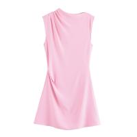 Vestido Rosa Corto de Verano Sencillez con Cuello Redondo Material de Poliéster Moda para Mujeres - details 1