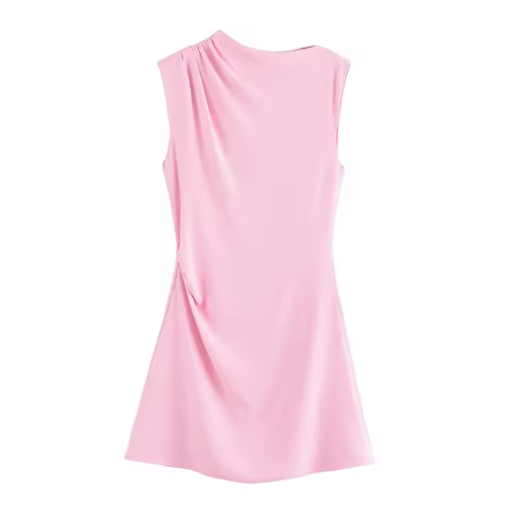 Vestido corto de verano rosa simplicidad con cuello redondo material de poliéster moda para mujer - 1