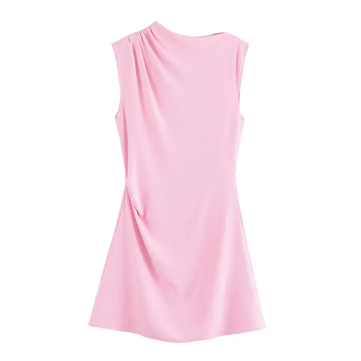 Vestido corto de verano rosa simplicidad con cuello redondo material de poliéster moda para mujer - 1