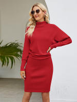 Vestido largo de punto para mujer, prenda ajustada con cuello de tortuga, manga de murciélago, falda por encima de la rodilla, Color liso, novedad de 2023 - details 10
