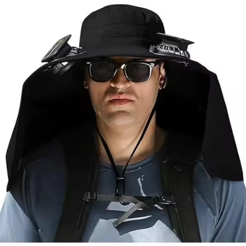 Ventilador de ala ancha para pesca al aire libre, impermeable con dos ventiladores para hombres/mujeres, sombrero de ventilador solar UPF50 - 1