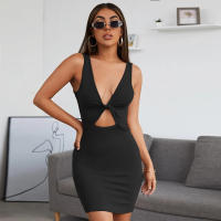 Vestido casual de mujer sin mangas de cuello V irregular de cintura alta falda corta en forma de a - details 2