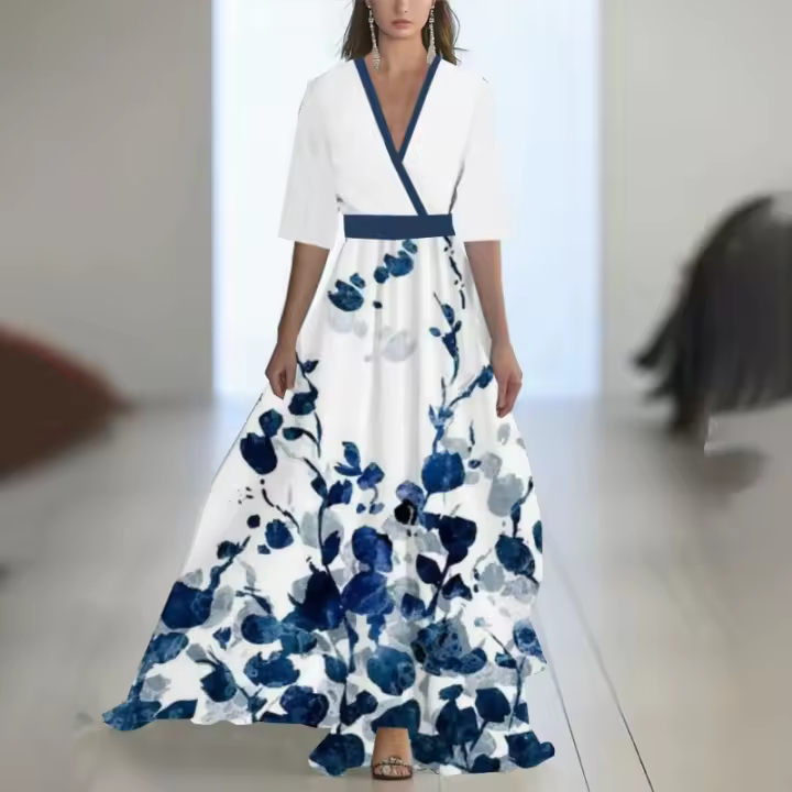 2025 Nueva ropa de mujer, cuello largo con estampado de cuentas Ds, azul - 1