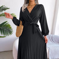 Ropa de mujer 2025 nueva moda de primavera con cordones color sólido cruzado cintura alta vestido plisado con cuello en V - details 1
