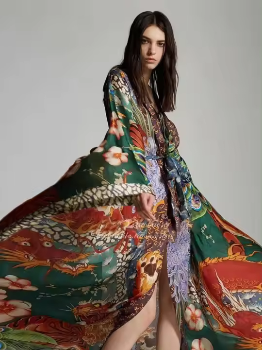 Kimono Bohemio Vintage para Mujer Cubierta de Playa de Verano Grande con Estampado - 1