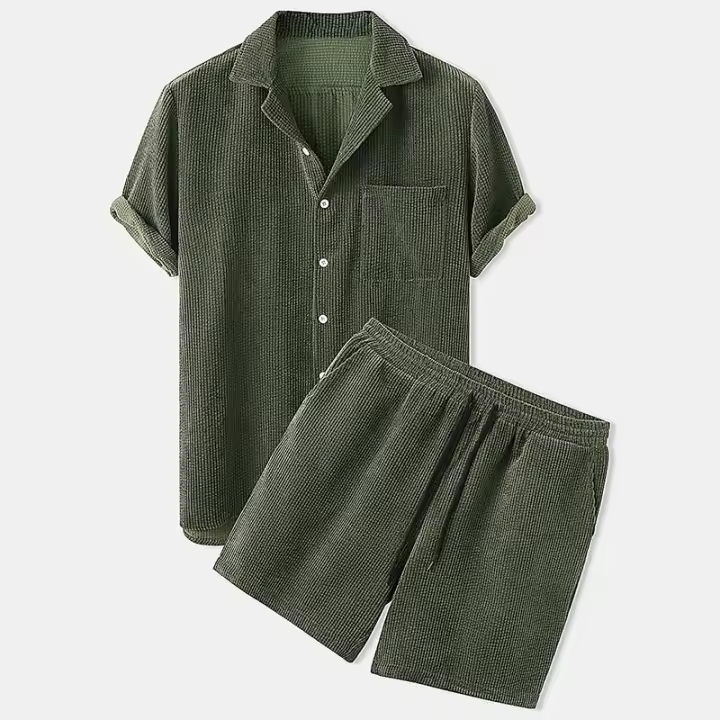 Camisa de hombre de pana de color liso, pantalón corto de manga corta, traje deportivo informal - 1