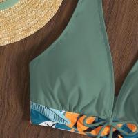 Bikini abierto con estampado de hojas retro en talla grande, conjunto de traje de baño de dos piezas con correas estables para mujer - details 91