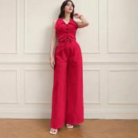 Conjunto de pantalones largos informales de dos piezas con cintura ajustada y manga de Color liso para mujer, novedad de verano - details 19