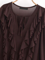 Vestido de verano corto con volantes, cuello redondo, manga larga, línea A, elegante, sólido, con cordones, primavera 2025, para mujer - details 1