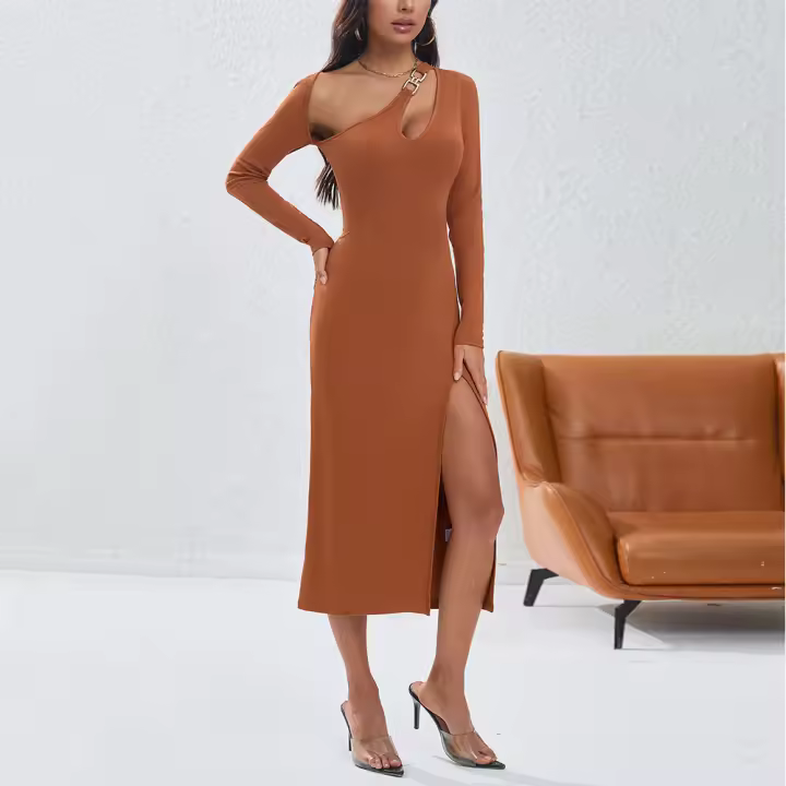 Las mujeres cortan irregularmente faldas delgadas hombros inclinados moda cuidadosa vestidos de hombro expuestos - 1
