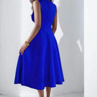 Ropa de mujer europea y americana elegante y de moda vestido de cuello en V sin mangas de cintura alta de color sólido - details 4