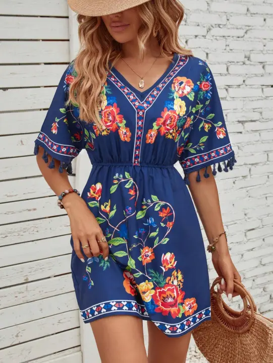 Vestido de vacaciones corto ceñido a la cintura con temperamento estampado de estilo étnico 2025 - 1