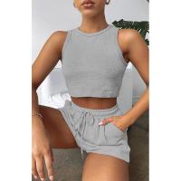 Conjunto de dos piezas de verano para mujer, chaleco sin mangas de color sólido con textura gofre y pantalones cortos casuales de moda. - details 37
