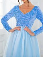 Elegante Vestido de Terciopelo con Lentejuelas Cuello en V, Manga Larga, Red de Cetín, Azul Cielo y Rosa, Perfecto para Fiestas - details 4