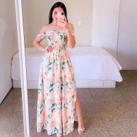 Elegante Vestido Midi de Hombros Descubiertos para Mujer 2024 Cintura Alta, Manga Corta, Estampado, Moda de Verano - details 9