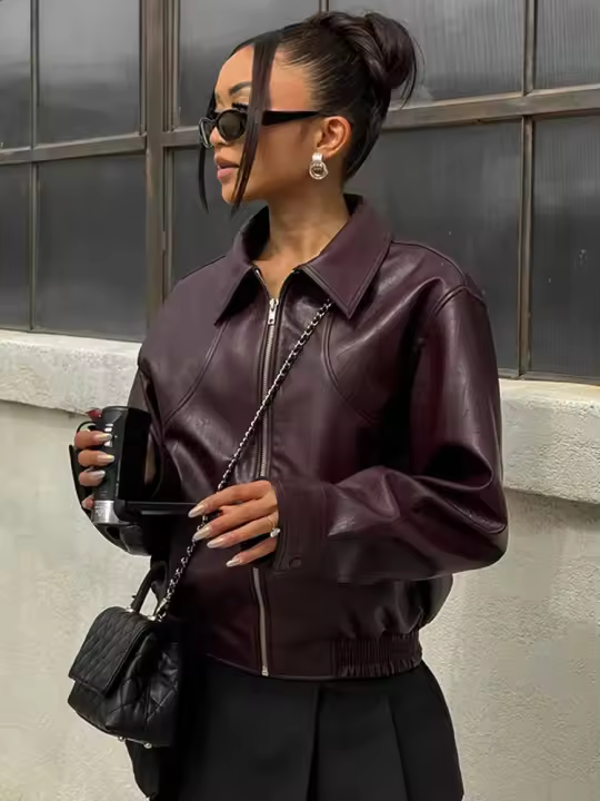 Chaqueta de solapa de color sólido sual manga larga elástica corta mujer t otoño desplazamientos prendas de vestir exteriores - 1