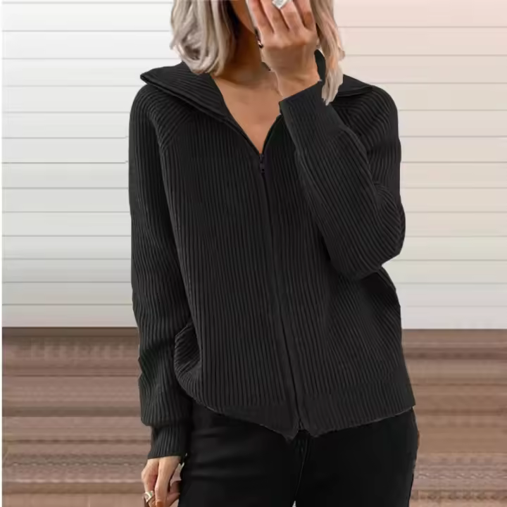 Nueva chaqueta informal a rayas de otoño e invierno, suéter de punto suelto con cremallera, suéter con cuello de manga larga para mujer - 1