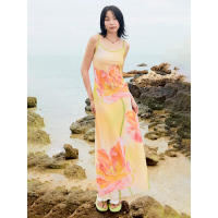 BUNO-Vestido largo sexi sin tirantes con estampado floral para mujer, vestido amarillo sin espalda de cintura alta, ropa de playa ajustada para vacaciones de primavera para mujer - details 7