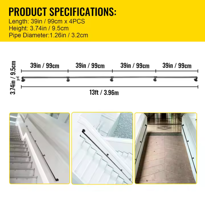 SucceBuy Pasamanos de escalera de tubo, pasamanos industrial de acero al carbono, montaje en pared para interiores y exteriores - 1