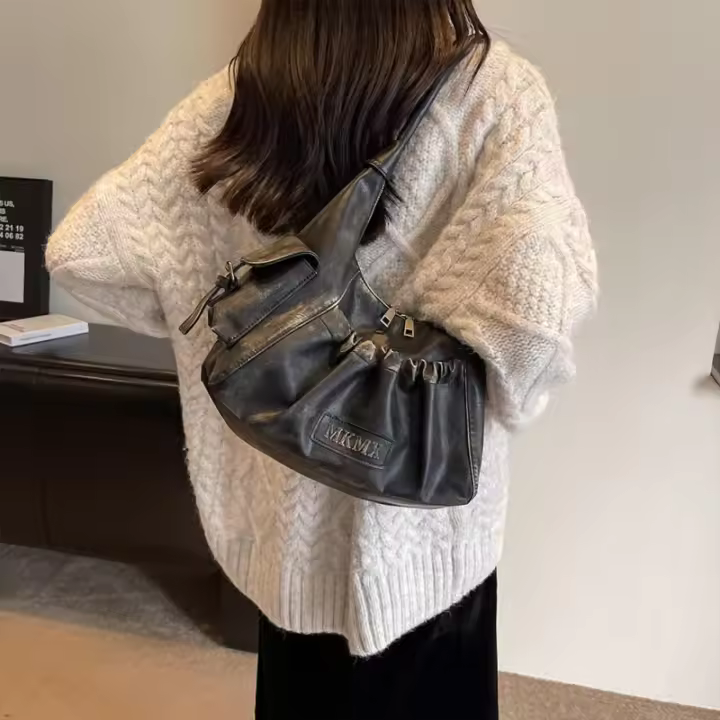 Bolso Hobo Bolso de mano de cuero lavado Bolso de hombro retro Crescent Y2K Estético Grunge Bolso Monedero para mujer - 1