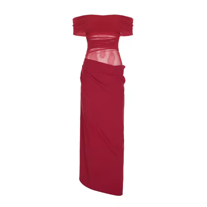 BUNO-vestidos largos con hombros descubiertos, vestido de cena negro con malla transparente, trajes de cumpleaños elegantes y sexys - 1