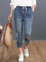 Pantalones de mezclilla grande con estampado floral para mujer moda verano 2023 pantalones casuales bordados elásticos vintage de talla grande lavado a mano material exterior denim - details 2