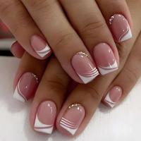 24 piezas de uñas postizas simples con punta cuadrada y pegamento de gelatina, degradado rosa y blanco, publicadas por French Fake Nail Publishing - details 3