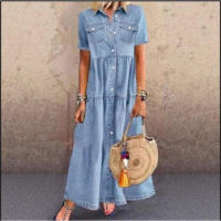 Vestido Denim Suave y Delgado Manga Corta, Estilo Retro con Bolsillos y Botones - details 3