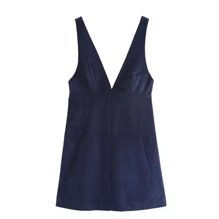 Vestido Vintage Azul Marino para Mujer OUWU Espalda Descubierta, Cremallera, Mini Vestido Elegante con Cuello en V - 1