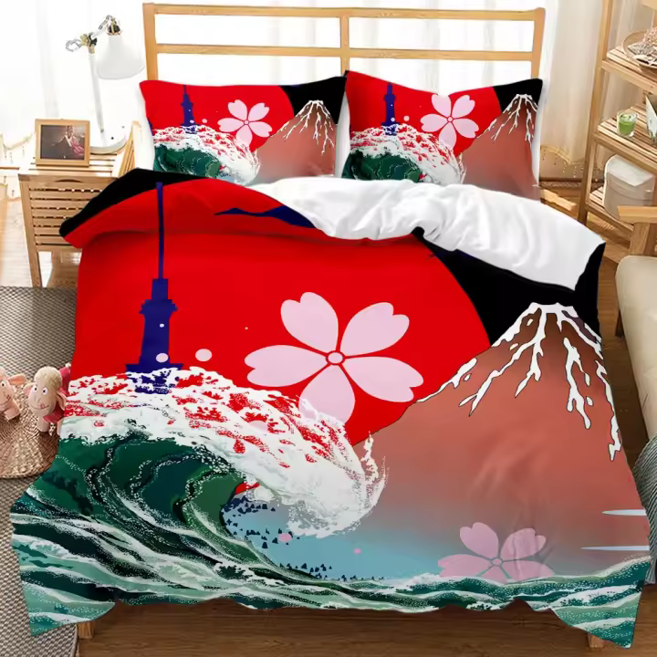 Juego de Cubierta de Comforter de Estilo Japonés 3pcs de Poliéster con Dos Lenguas de Ondas Marinas y Cercas de Sabor a Cerezo - 1