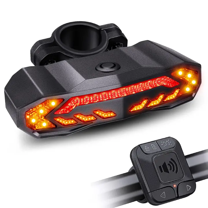 Alarma antirrobo para bicicleta, luz trasera IP65, resistente al agua, carga USB, lámpara trasera con señal de giro, luz de freno automática - 1
