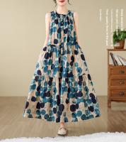 Vestido de Lino de Algodón para Mujer en Talla Grande Bohemia Cuello Redondo Sin Mangas Falda Larga de Ajuste Suelto Estampado - details 0