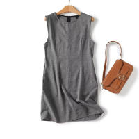 O mujeres gris cuello sin mangas vestido sin mangas nuevo otoño recto Mini Vestidos femeninos altos Vestidos - details 0