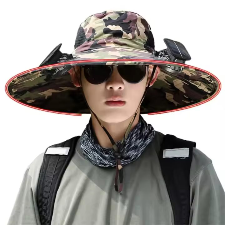 Sombrero de tela transpirable con ventilador, gorra con ventilador solar con estampado de camuflaje y ala, carga USB para actividades al aire libre, unisex para pescar - 1
