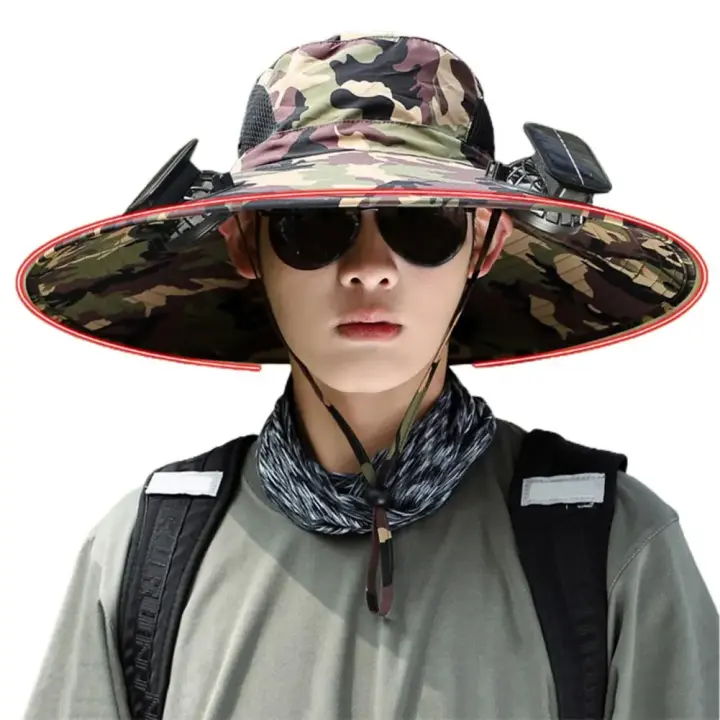 Sombrero de tela transpirable con ventilador, gorra con ventilador solar con estampado de camuflaje y ala, carga USB para actividades al aire libre, unisex para pescar - 1