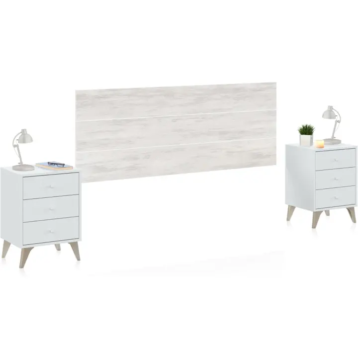 Pack Cabecero y 2 Mesitas de Noche, Dormitorio Doble, Dormitorio Completo, Modelo Iconic, Acabado en Blanco Artik y Blanco Velho - 1