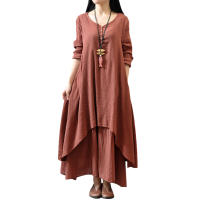 Anself primavera moda mujer Casual vestido suelto Color sólido manga larga vestidos de mujer de gran tamaño talla grande Boho largo Maxi vestido - details 15