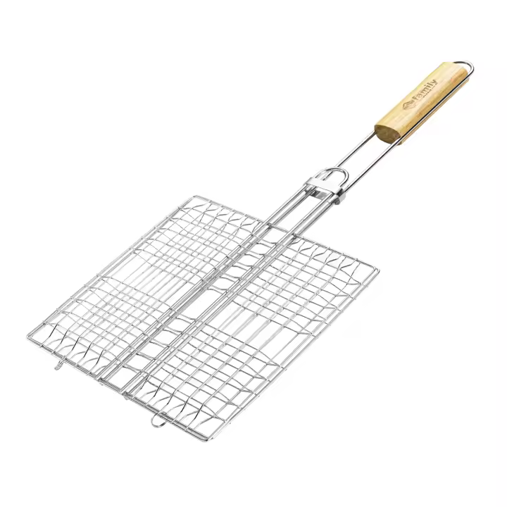 DEOS Parrilla BBQ con mango de madera Parrilla de acero inoxidable 23x23 cm, Ideal para Carnes y Verduras - 1
