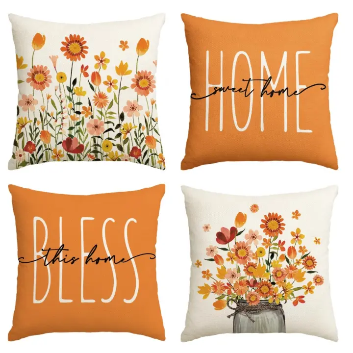 Fundas para cojines, juego de 4 fundas de almohada decorativas de tela de lino para granja, color sólido para sala de estar y sofá - 1