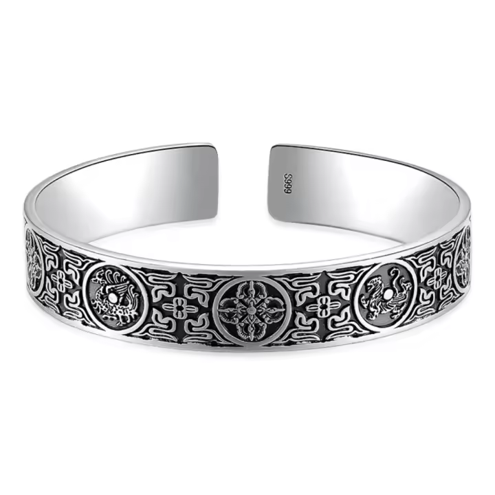 Pulsera para hombre retro de plata, brazalete ancho hecho a mano, ajustable, estilo vintage, boho, minimalista, abierto. - 1