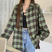 Camisa de franela negra para mujer, camisa a cuadros de tartán abotonada con cuello de manga larga, chaqueta informal para adolescentes y niñas, traje diario - details 6