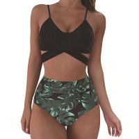 Traje de baño dividido de cintura alta para mujer, bikini multicolor con estampado de cuello halter cruzado - details 17