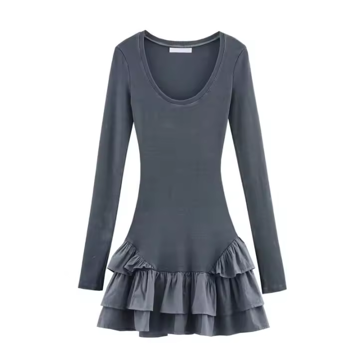 Vestido Mini con Volantes 2025, Dobladillo Patchwork, Manga Larga, Cuello Redondo, Chic y a la Moda para Mujer - 1