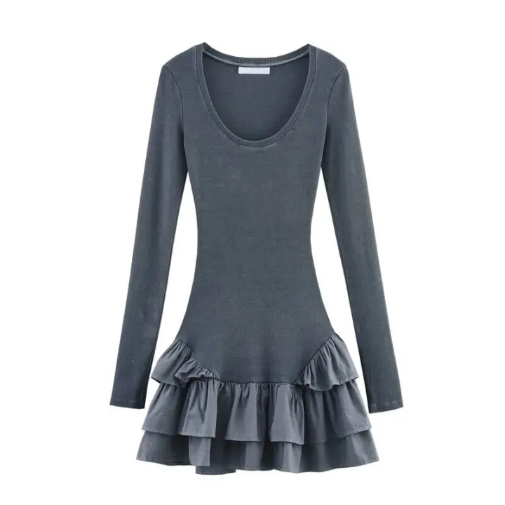 Vestido Mini con Volantes 2025, Dobladillo Patchwork, Manga Larga, Cuello Redondo, Chic y a la Moda para Mujer - 1
